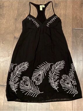 Johnny Martin Black Mini Dress with White Feather Embroidery